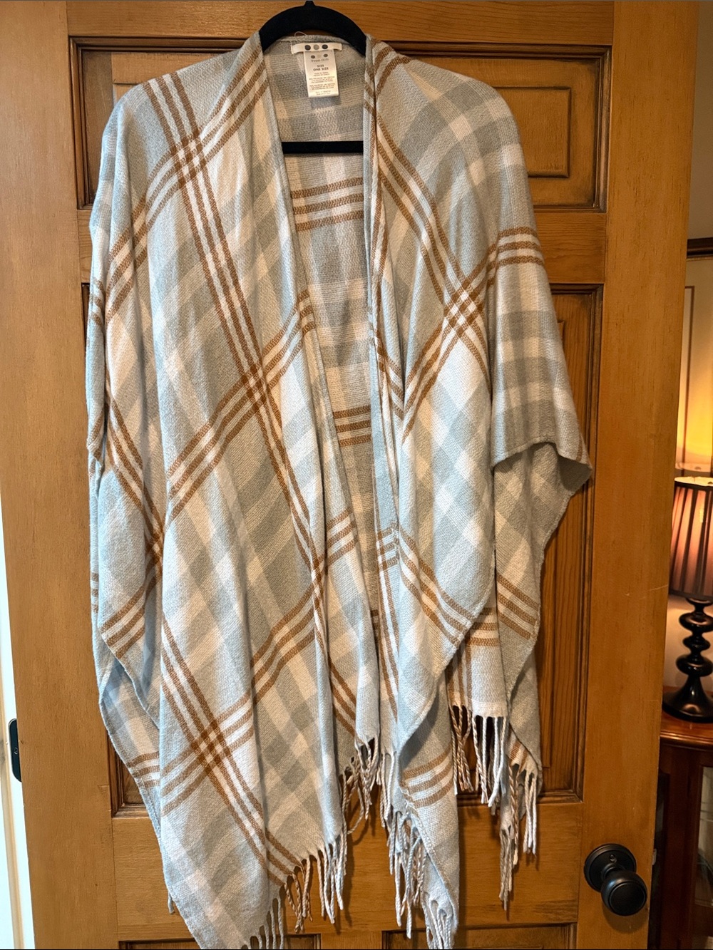 Three Dots Light Blue and Tan Plaid Fringe Wrap